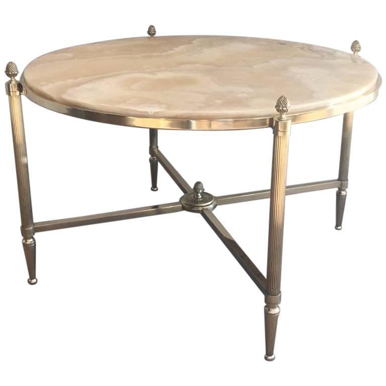 Round Brass Coffee Table with Onyx Top by Maison Bagués, circa 1940