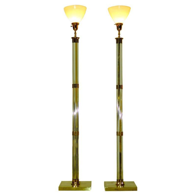 Pair of Lucite & Brass Tochiere Floor Lamps For Sale