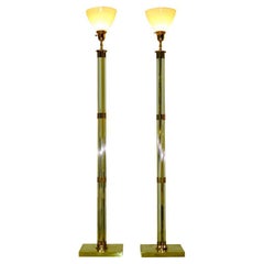 Pair of Lucite & Brass Tochiere Floor Lamps