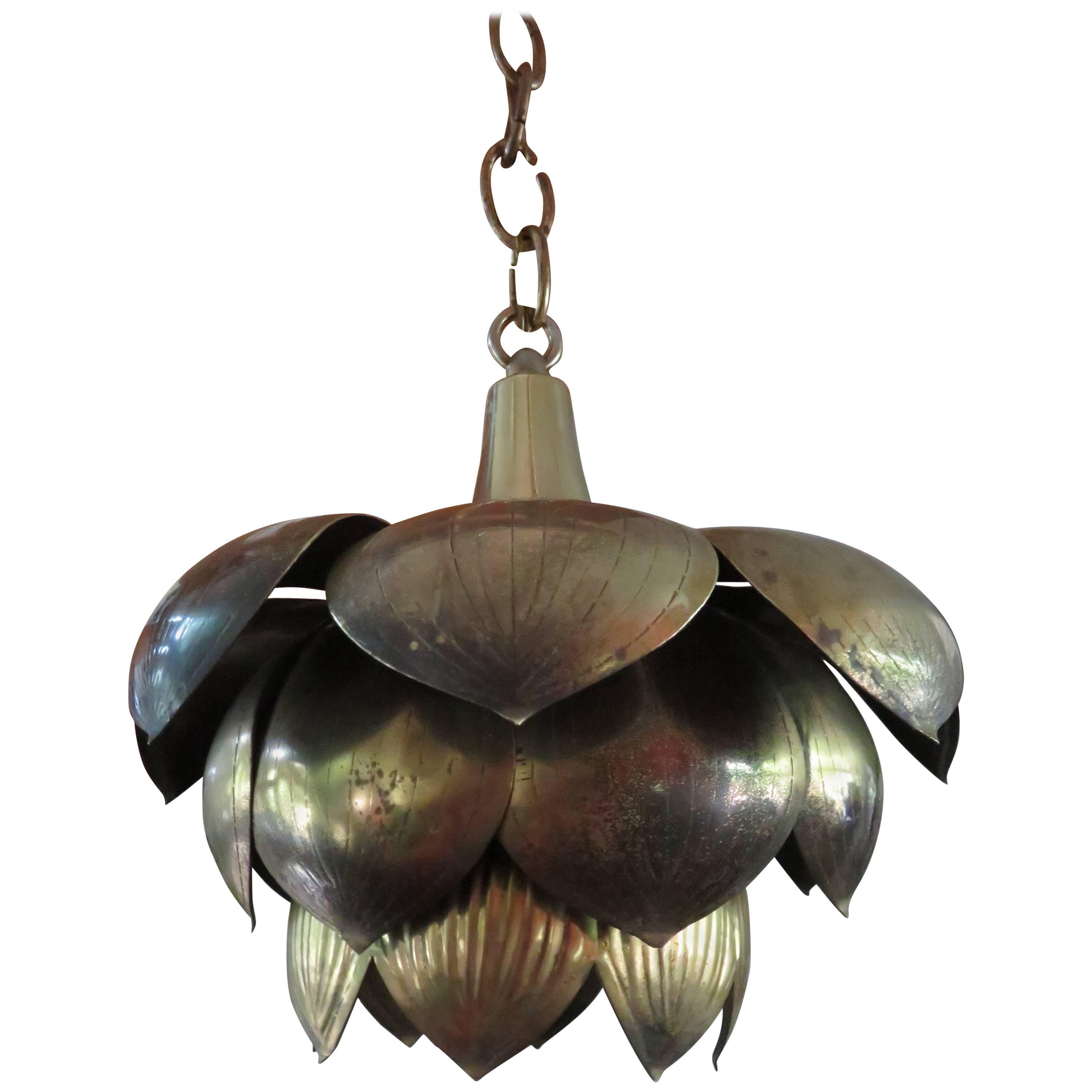 Stunning Etched Brass Feldman Lotus Pendant Light Chandelier Mid-Century Modern