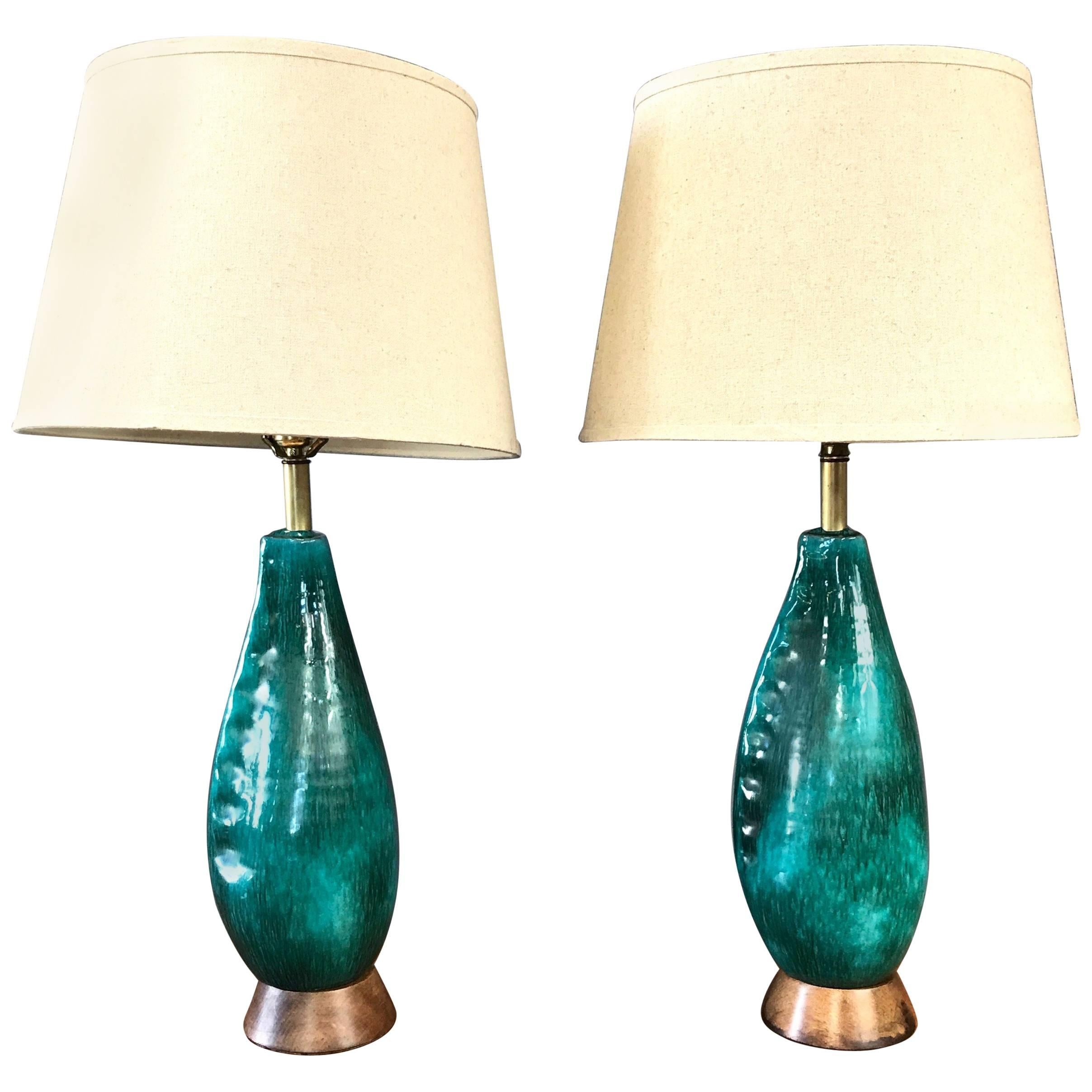 Pair of Marcello Fantoni Turquoise Ceramic Table Lamps