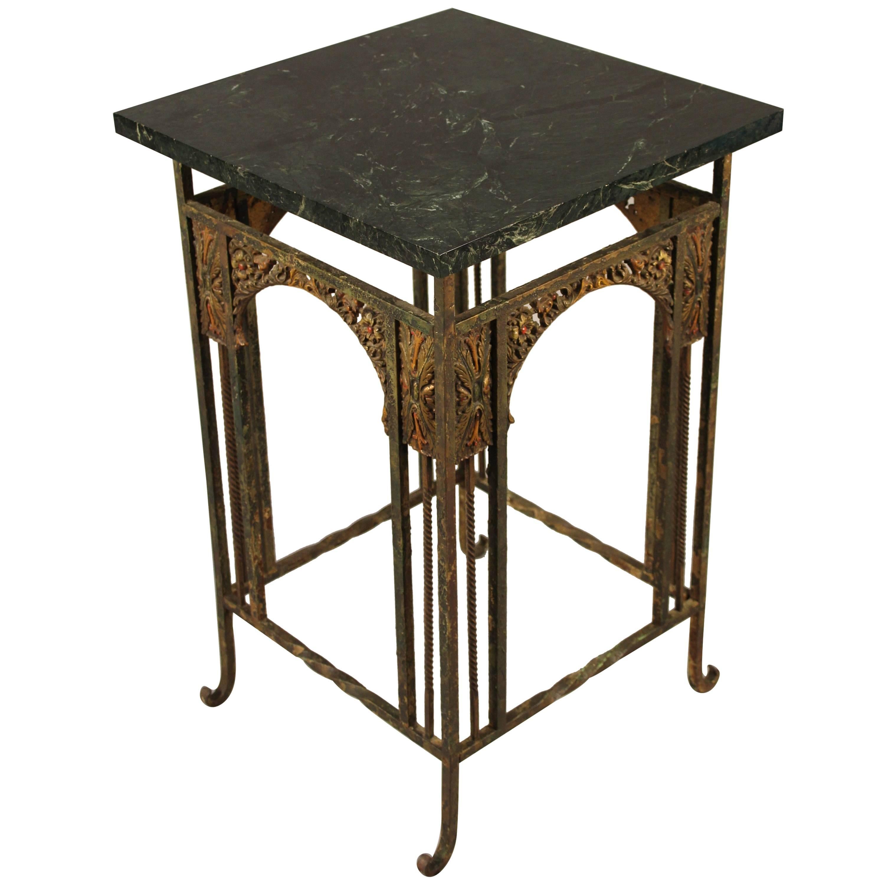1920s Spanish Revival Iron Polychrome Side Table with Marble Top For Sale
