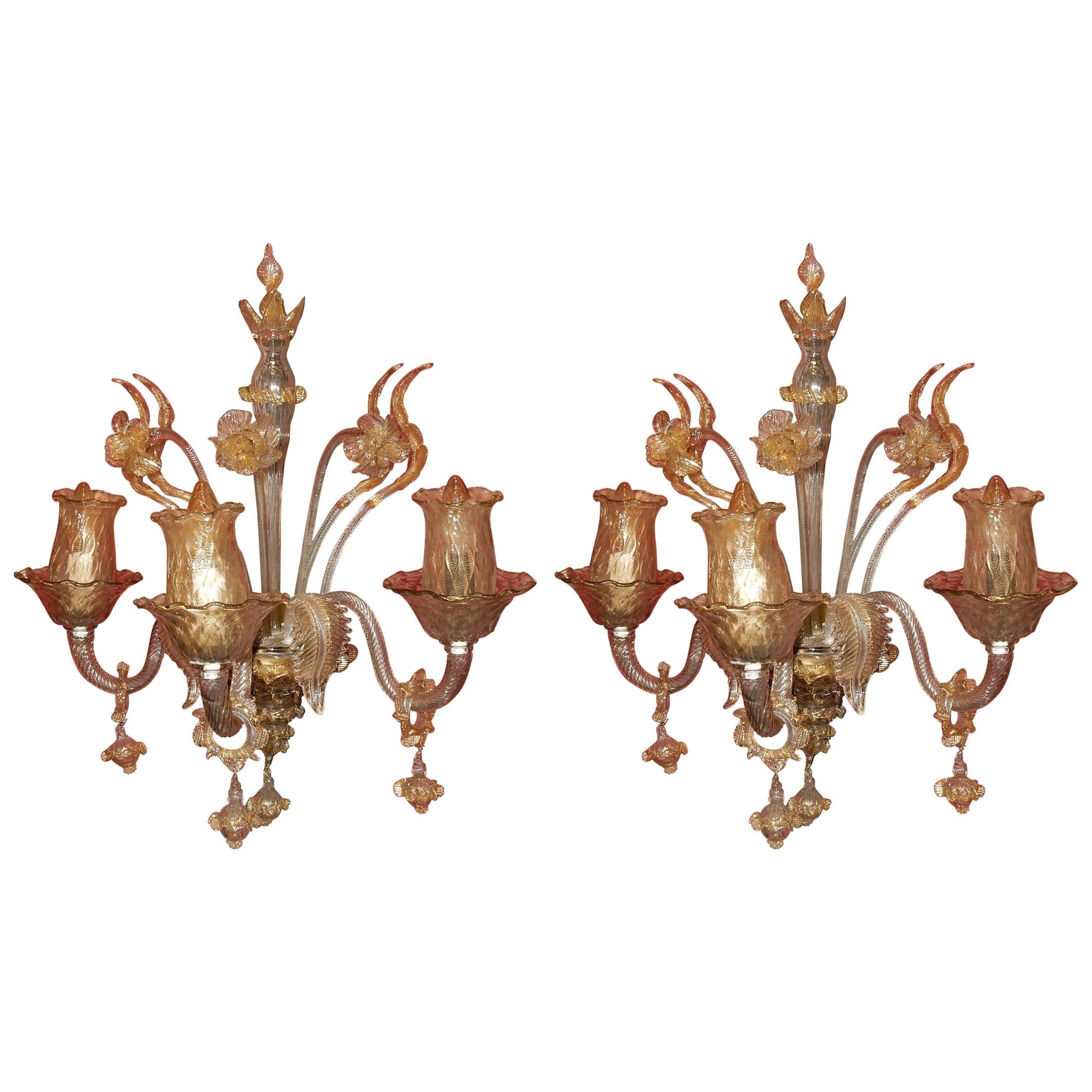 Pair of Sconces of Light, Crystal of Murano with Gold Inside, 1950-1970