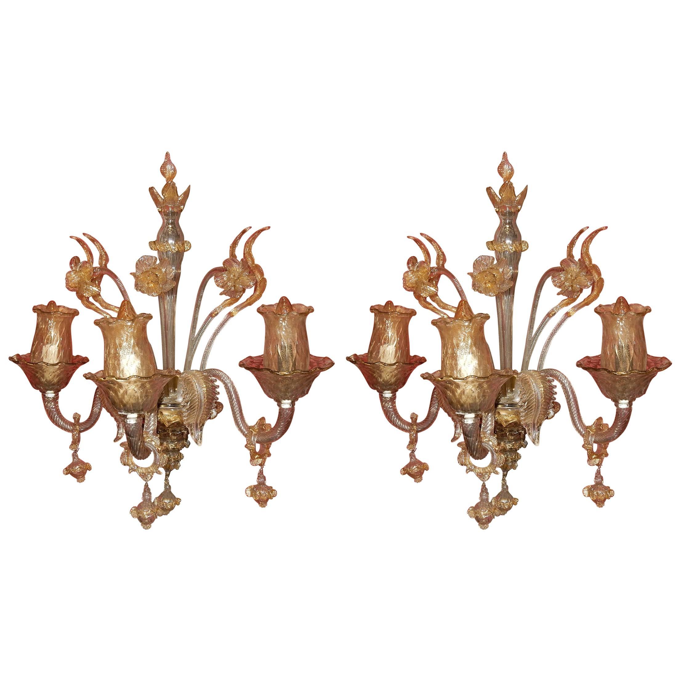 Pair of Sconces of Light, Crystal of Murano with Gold Inside, 1950-1970 For Sale