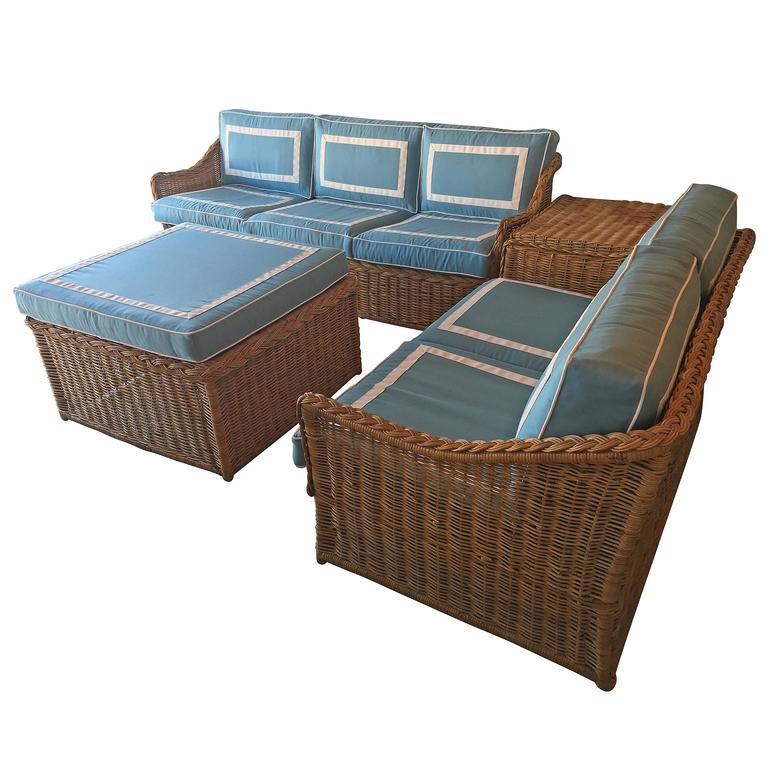 Four-Piece Woven Rattan Wicker Patio Sunroom Set Sofa Loveseat Ottoman