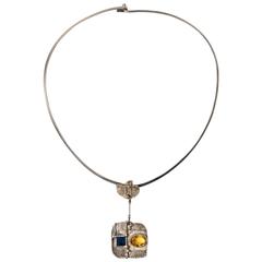 Abstract Modern Citrine and Lapiz Lazuli Silver Choker Necklace