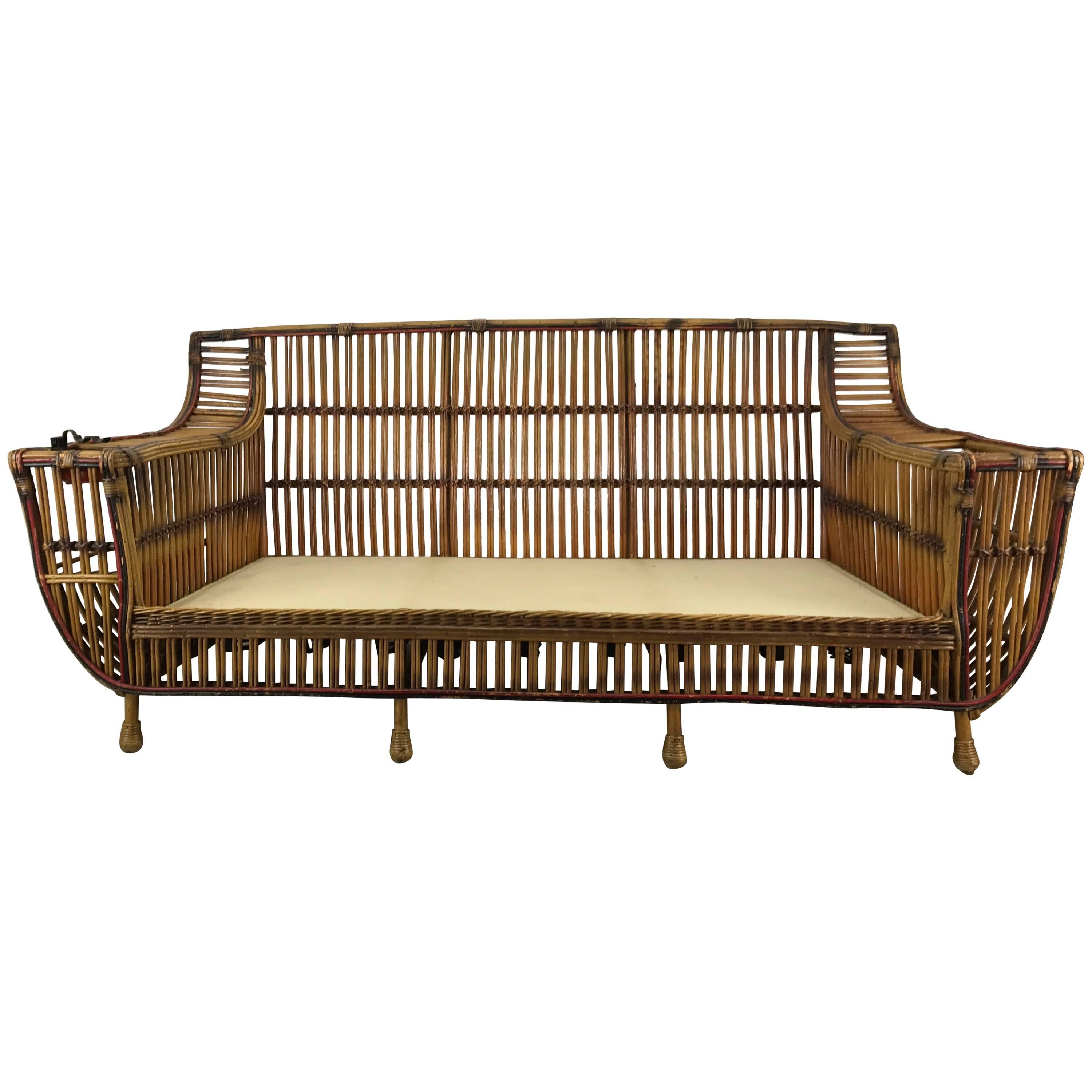 Art Deco Split Reed / Stick Wicker Three-Seat Sofa by Niagara Reedcraft Inc