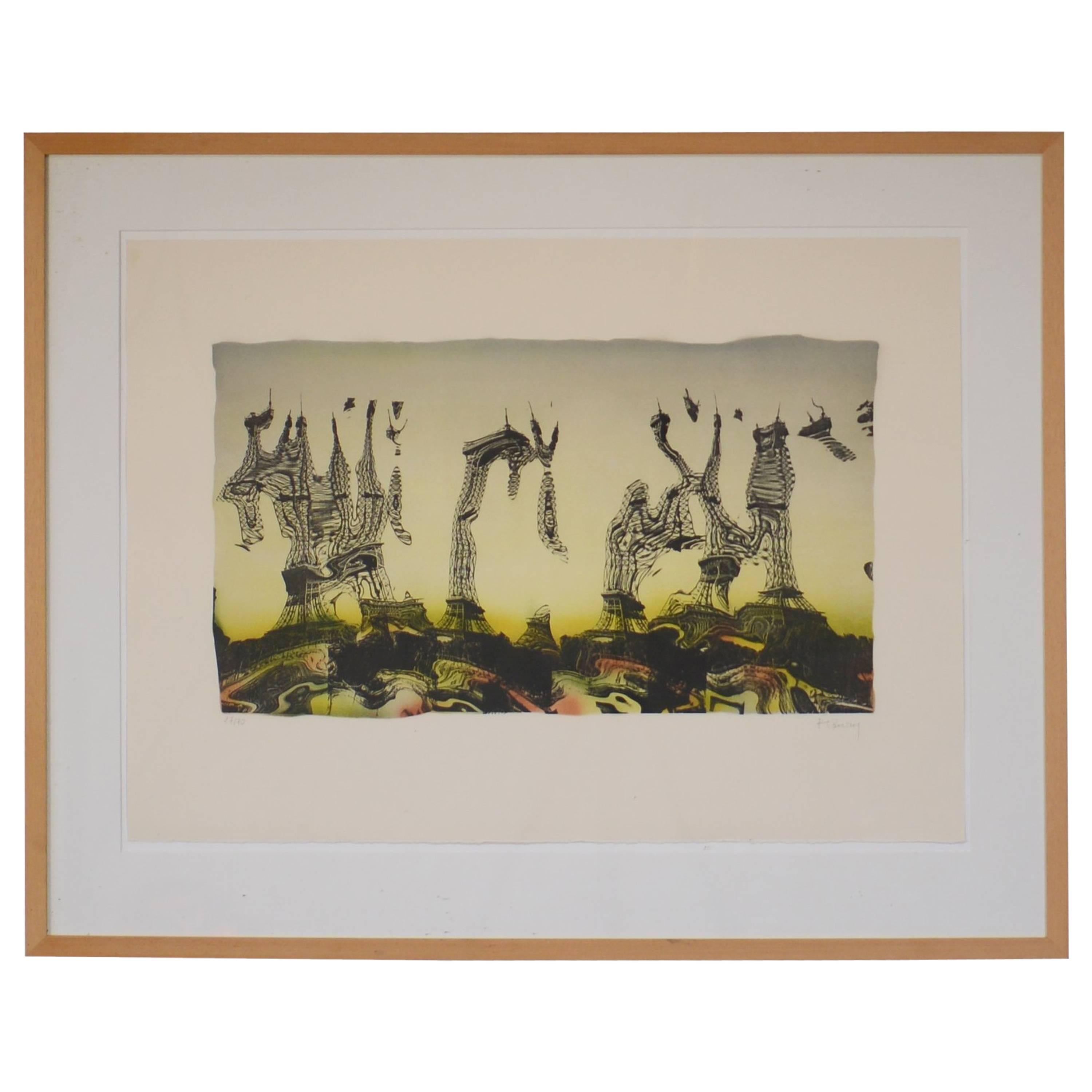 Pol Bury, Tour Eiffel 1991, Signed and Dated Lithography, Belgian Artist For Sale