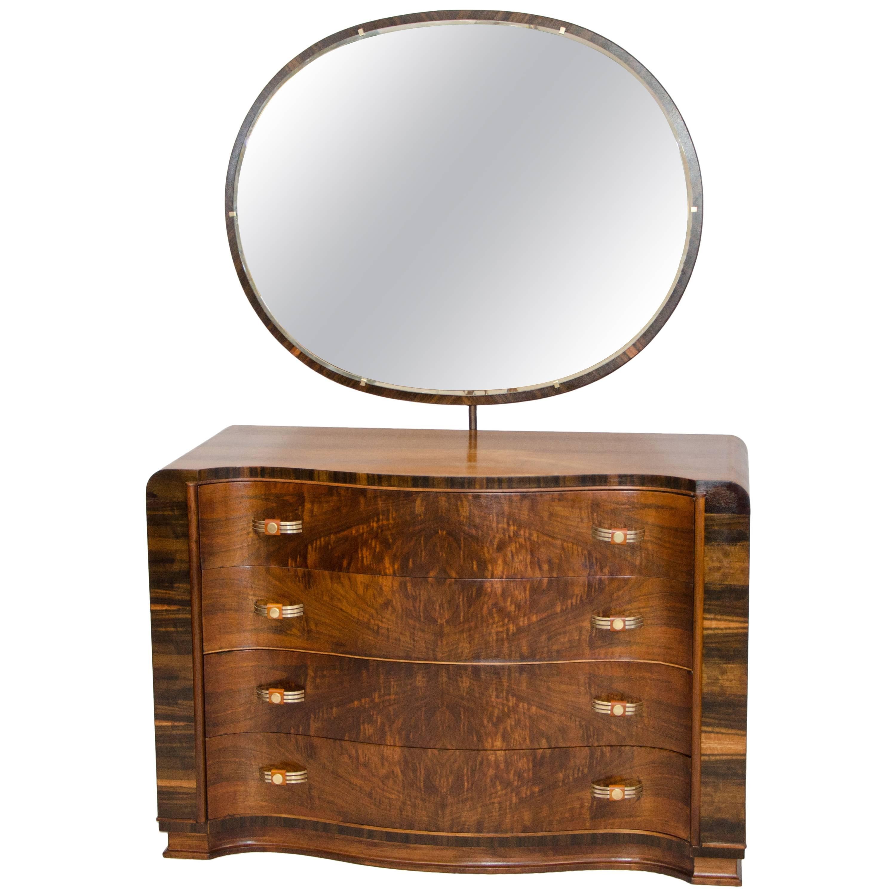Walnut Art Deco Dresser or Chest with Mirror
