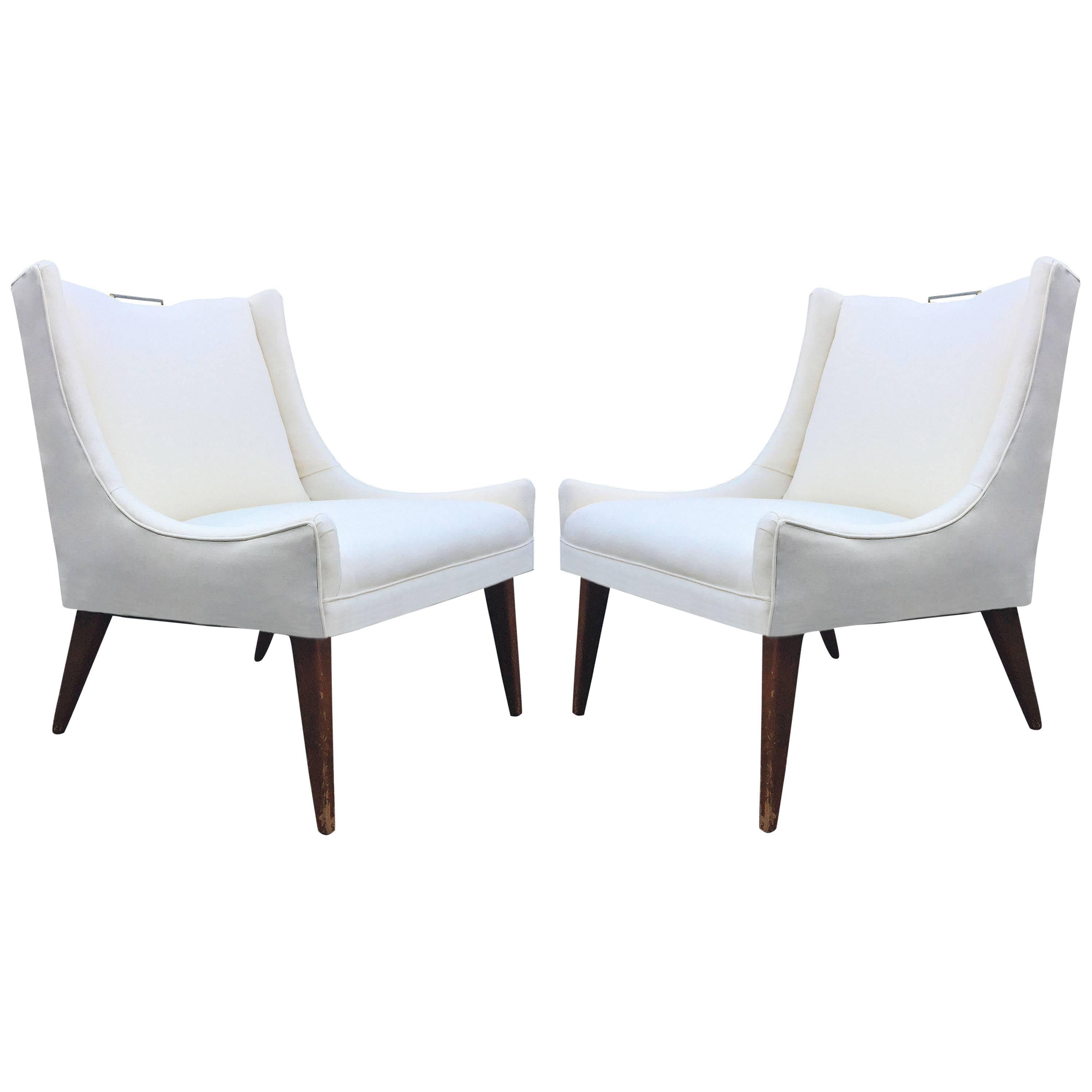 Pair of Swank Vintage Lounge Chairs with Brass Handle Pulls For Sale
