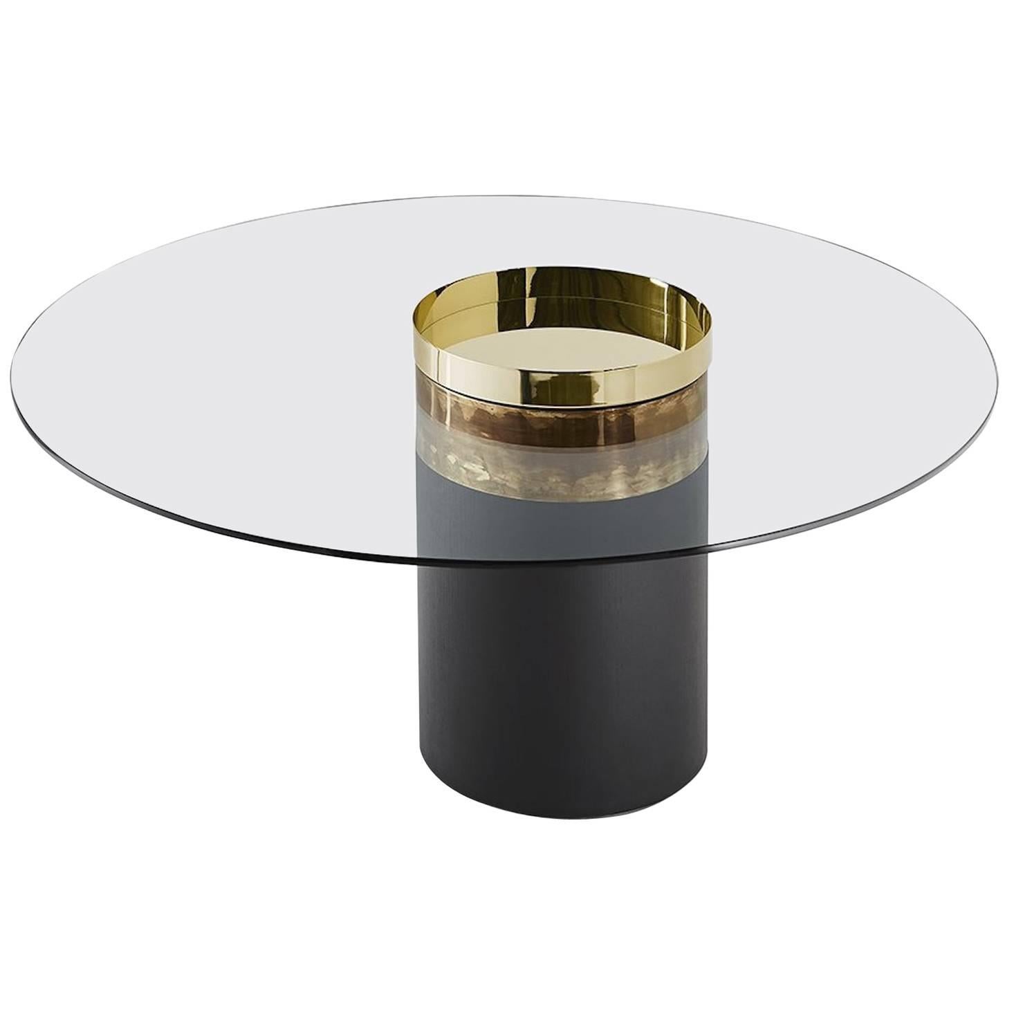 Dining or Lounge Table in Glass, Burnished Brass, Copper and Rust For Sale