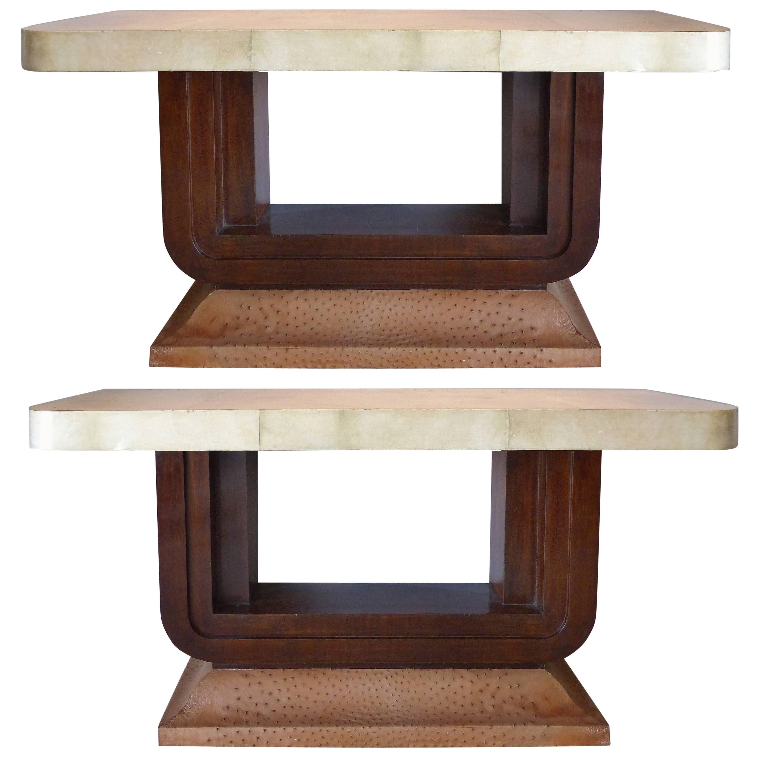 Art Deco Goatskin and Ostrich Skin Clad Console Tables, Pair