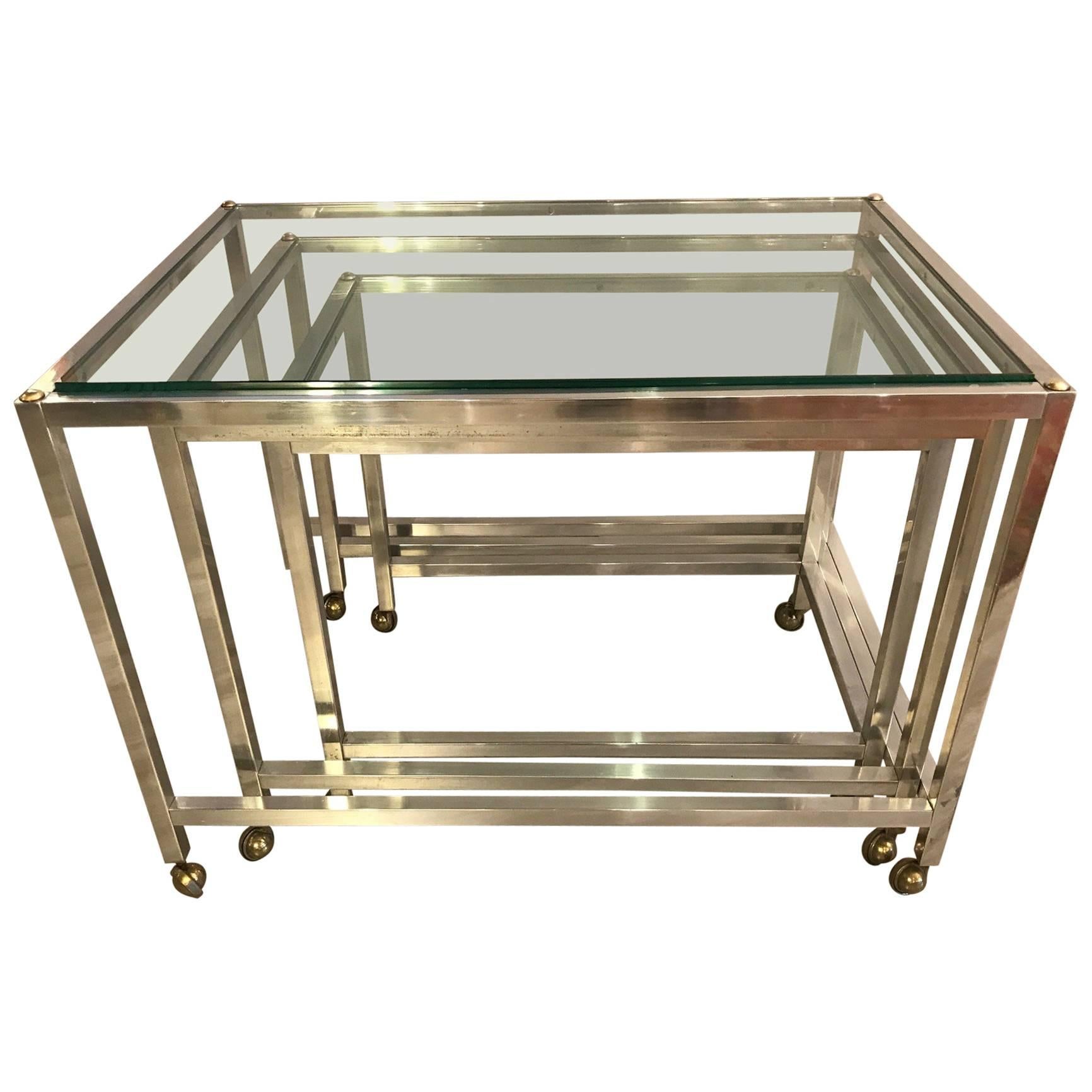 Set of Three Polished Aluminium and Glass Nesting Tables