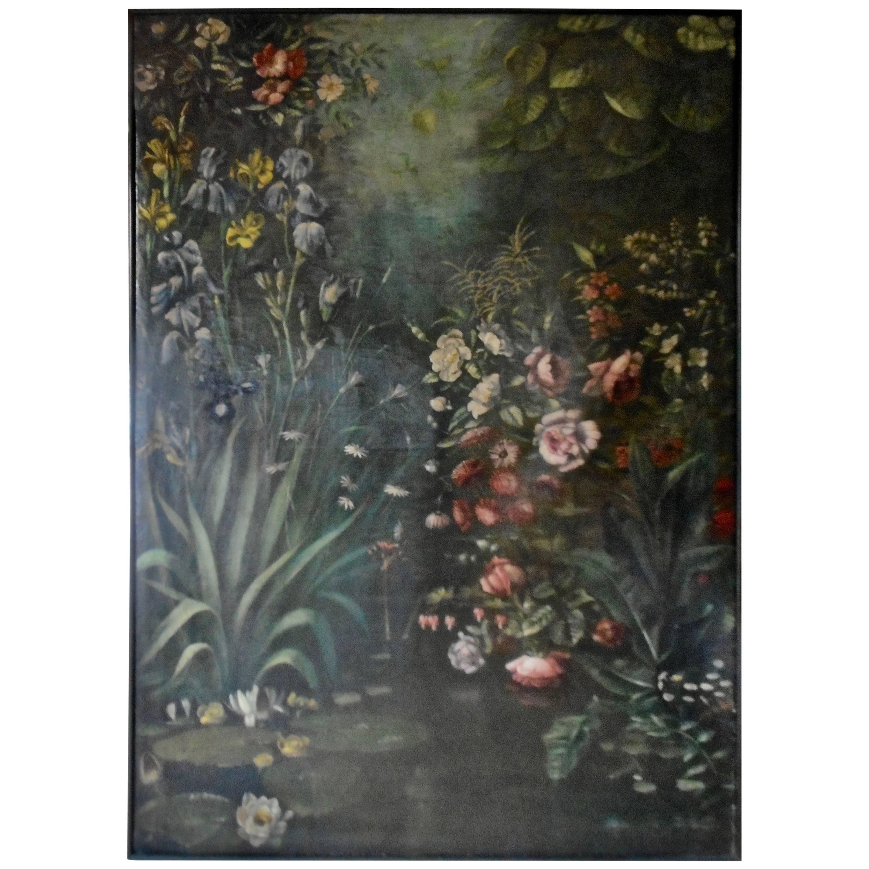 Large Late 19th Century Painting with Flowers, pound and nenuphars.