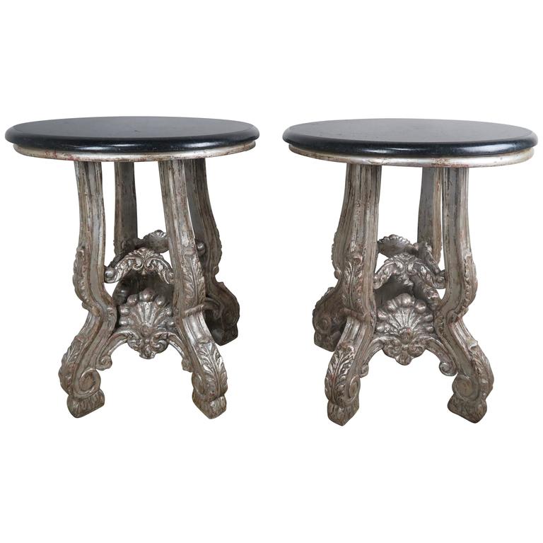 French Silver Leaf Side Tables With Black Granite Tops Pair French Silver Leaf Side Tables With Black Granite Tops Pair