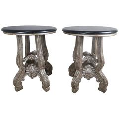 French Silver Leaf Side Tables with Black Granite Tops, Pair
