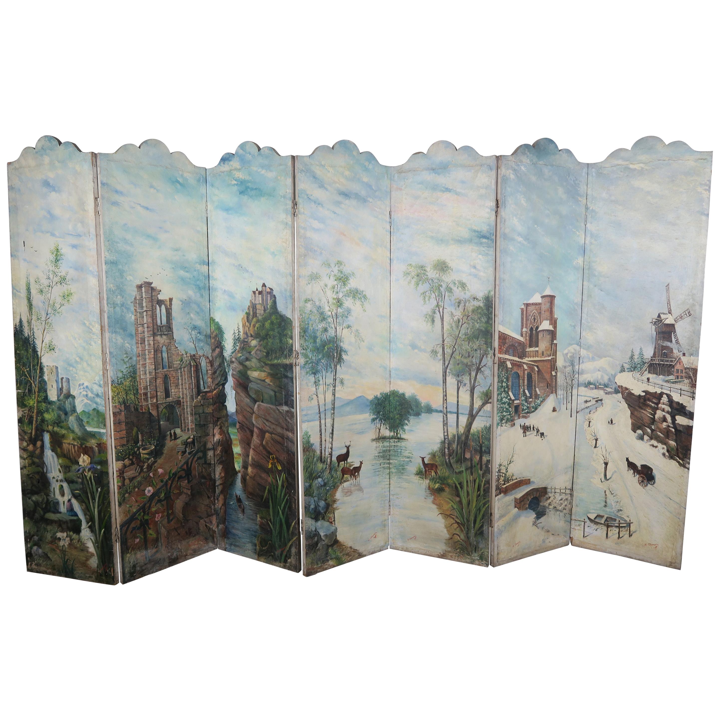 19th Century Italian Seven-Panel Hand-Painted Screen