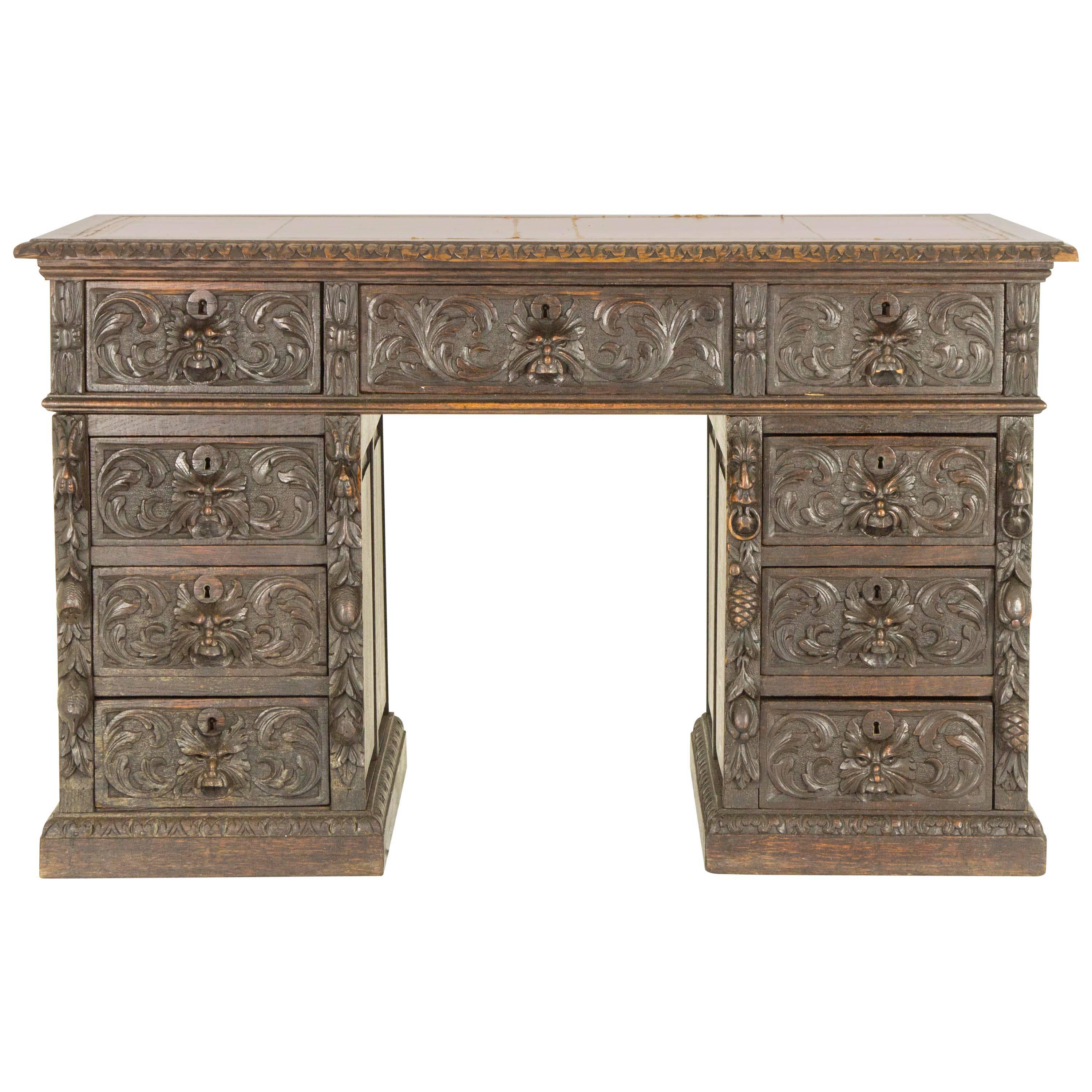 Antique Scottish Victorian Heavily Carved Oak Desk, Double Pedestal Desk