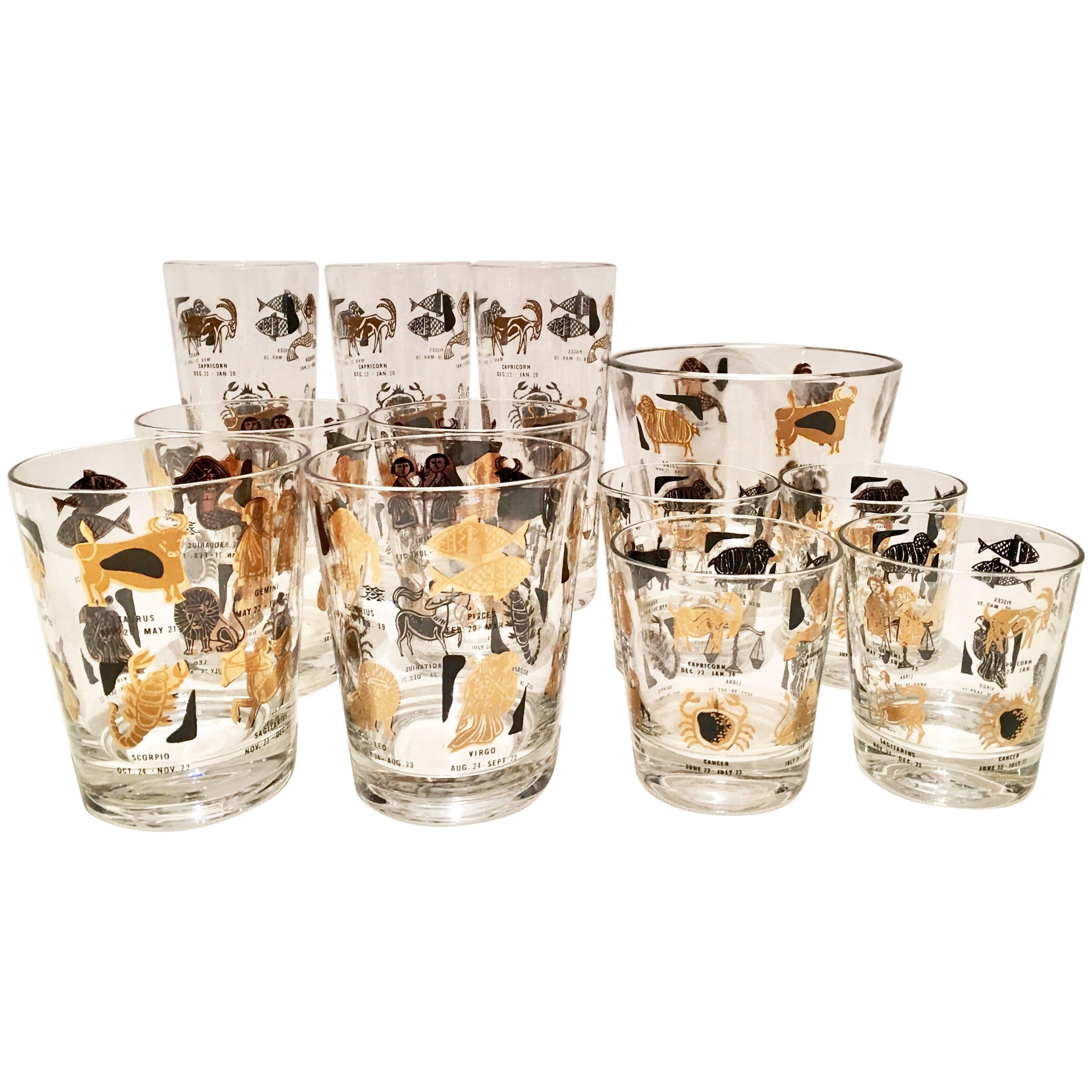 Vintage 22-Karat Gold and Black "Zodiac" Drink Glasses, Set of 12