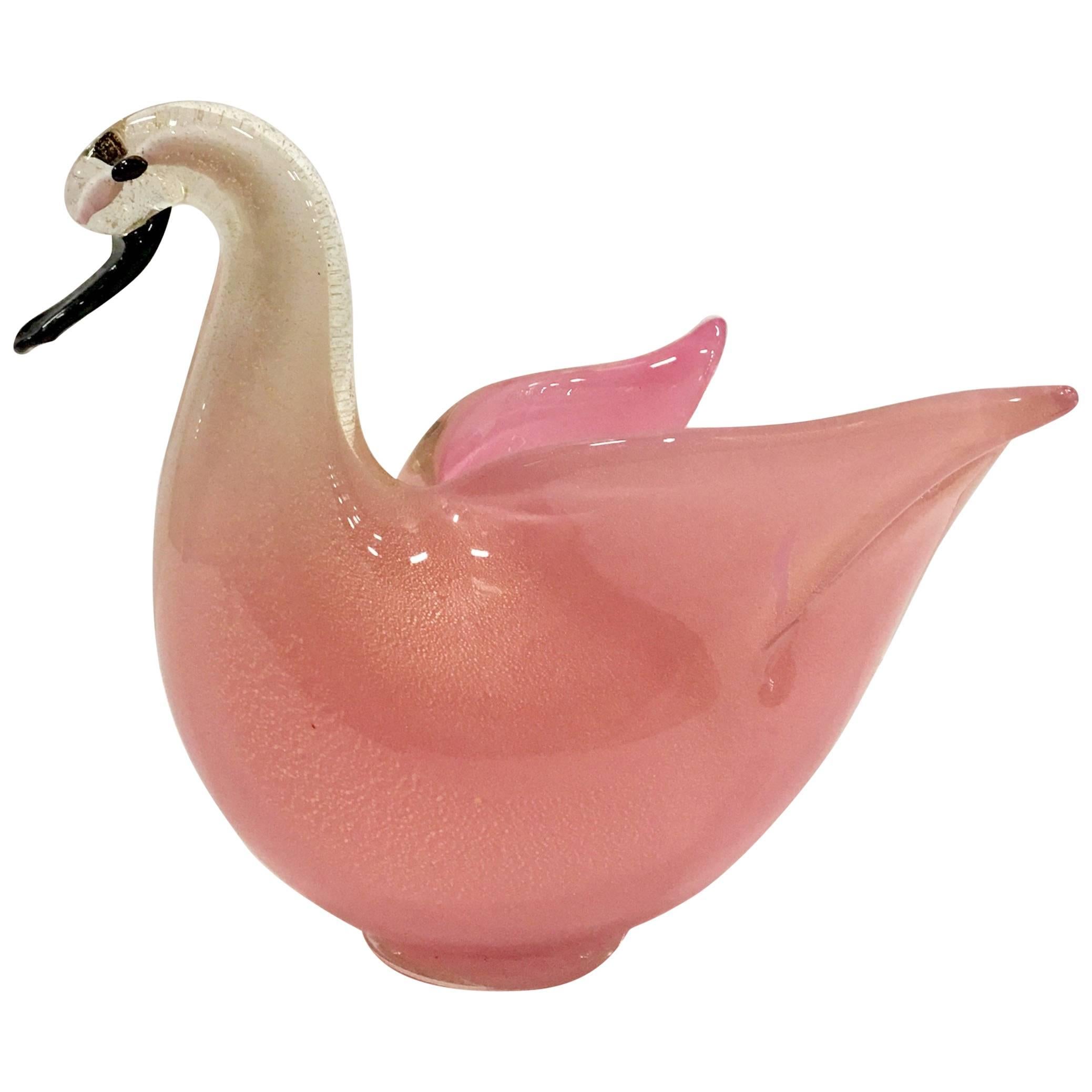 Mid-Century Italian Murano Glass Pink & Gold Flecks Swan Bowl For Sale