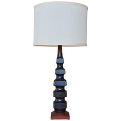 Architectural Faceted Geometric Stacked Black and Walnut Table Lamp