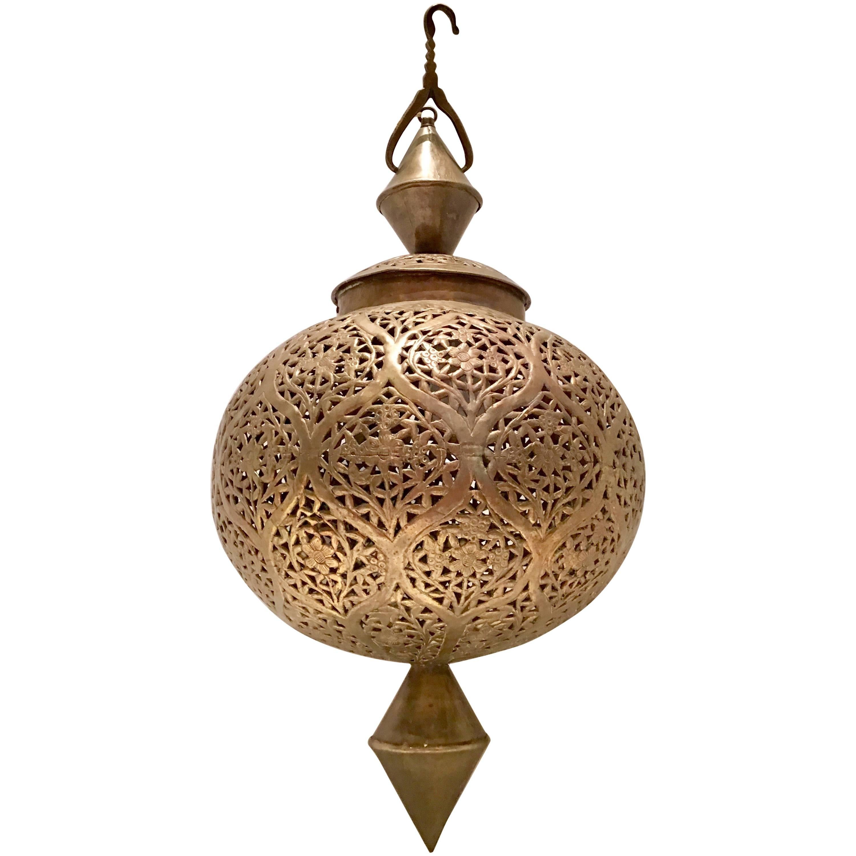 Mid-Century Moroccan Handmade Large Brass Pendant Lantern