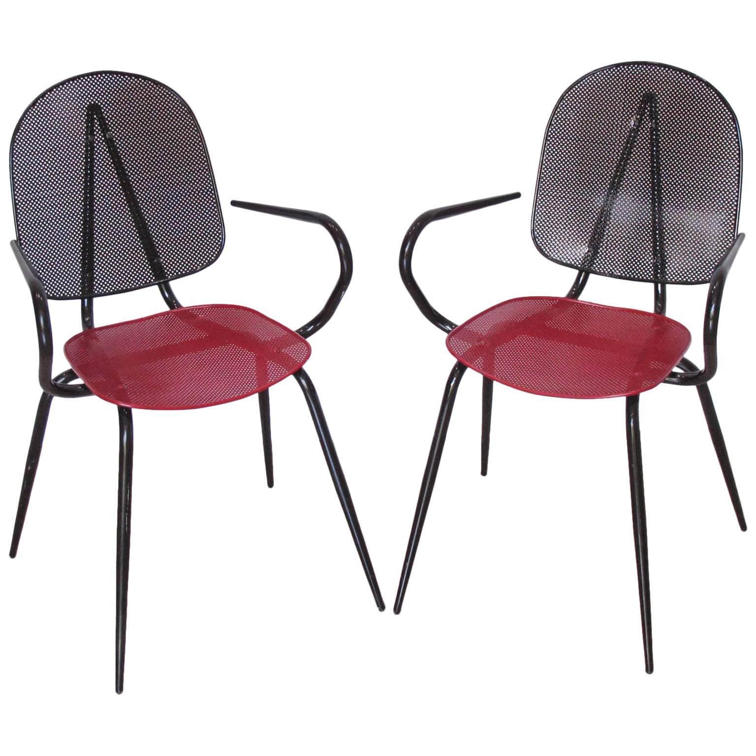 Mathieu Matégot Black Red Perforated Metal Pair of Armchair Chair, circa 1950s