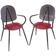 Vintage Mathieu Matégot Black Red Perforated Metal Pair of Armchair Chair, circa 1950s