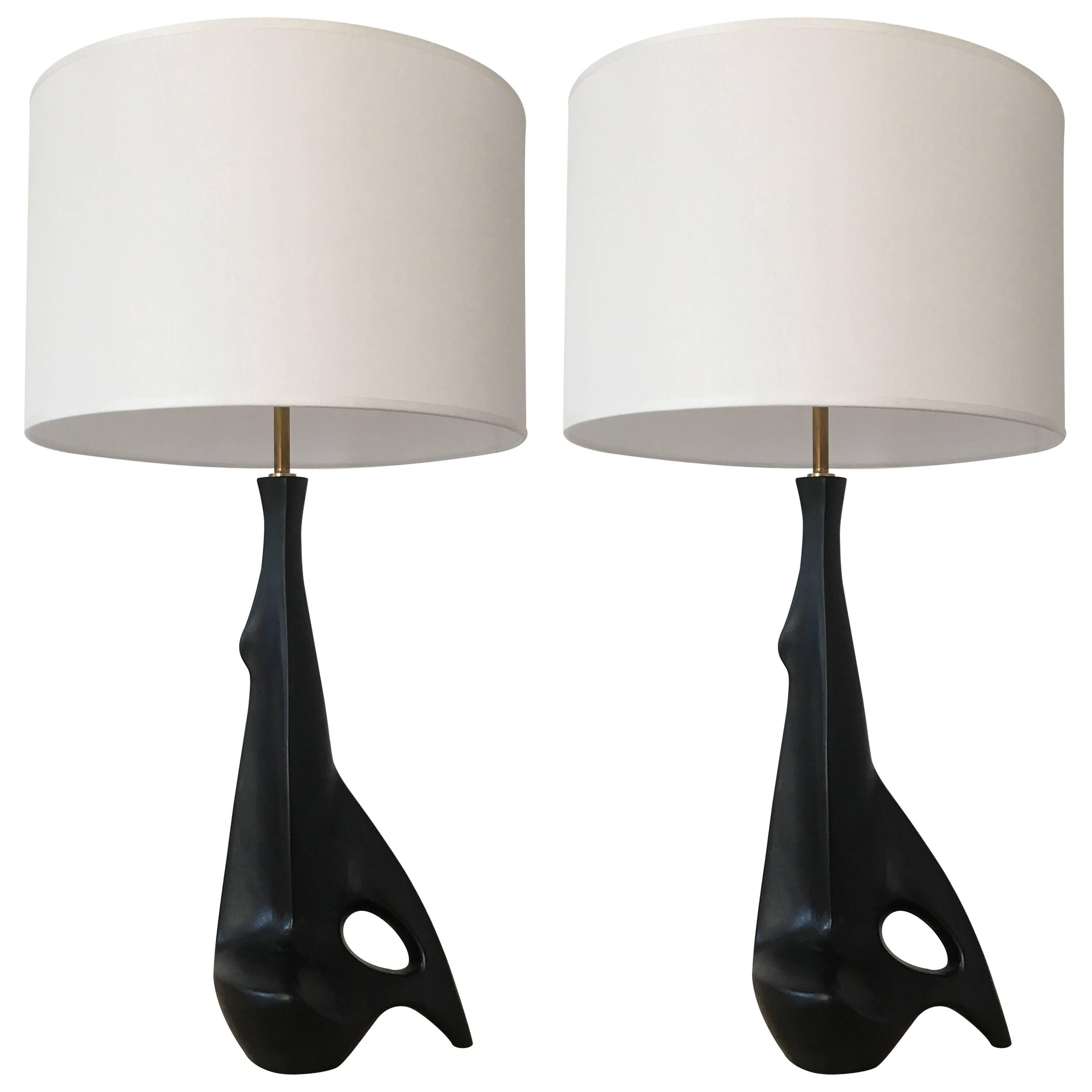 Pair of Black Ceramic Table Lamps by Angelo Brotto, Italy, circa 1980 For Sale