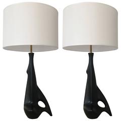 Pair of Black Ceramic Table Lamps by Angelo Brotto, Italy, circa 1980