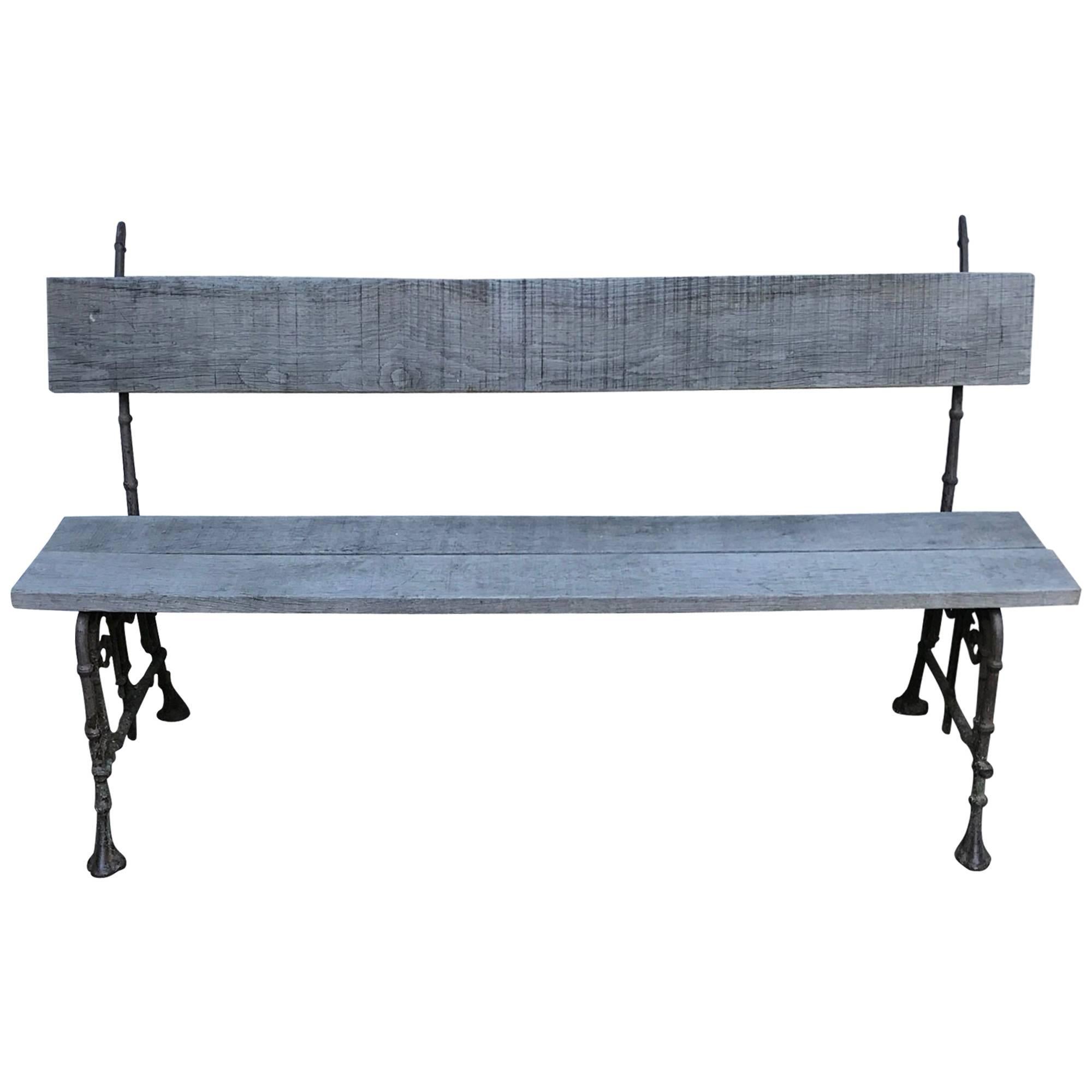 19th Century French Cast Iron and Oak Bench