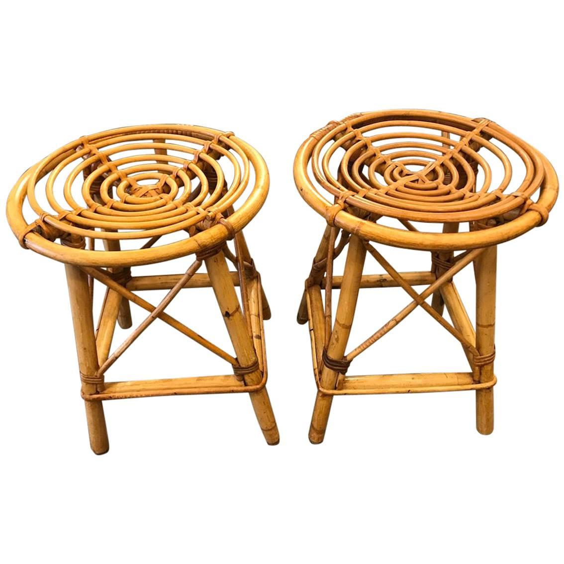 Set of Two Audoux Minet Wicker Stools, circa 1960 For Sale