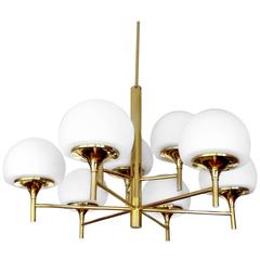 Large Kaiser Glass Brass Chandelier, Modernist Jacobsson Style Pendant Lamp