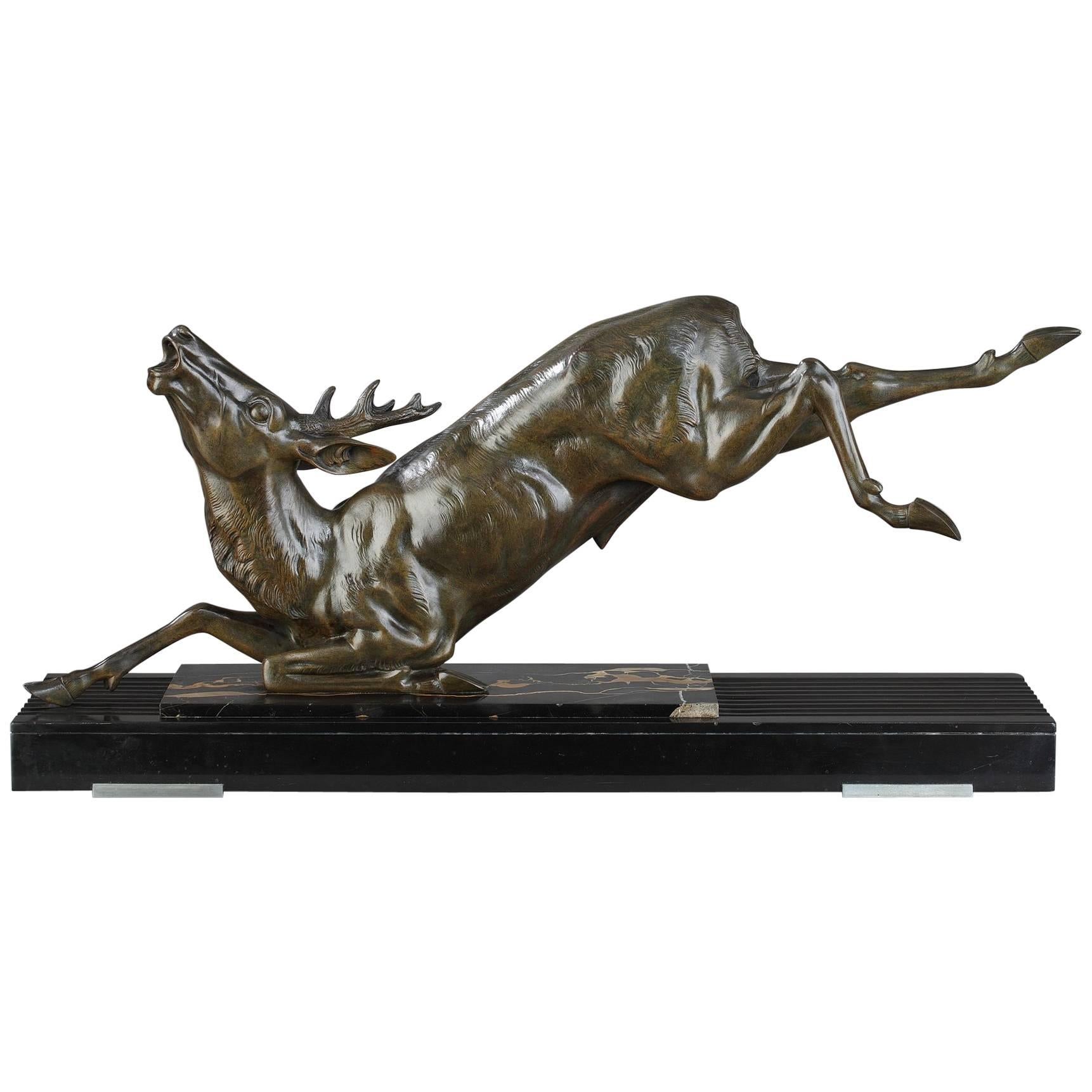 Art Deco Bronze Sculpture "Fallen Stag" by Pierre Hugonnet