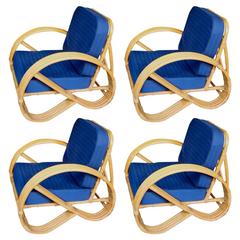 1960s Set of Four of Rattan and Fabric Pillows Rattan Armchairs