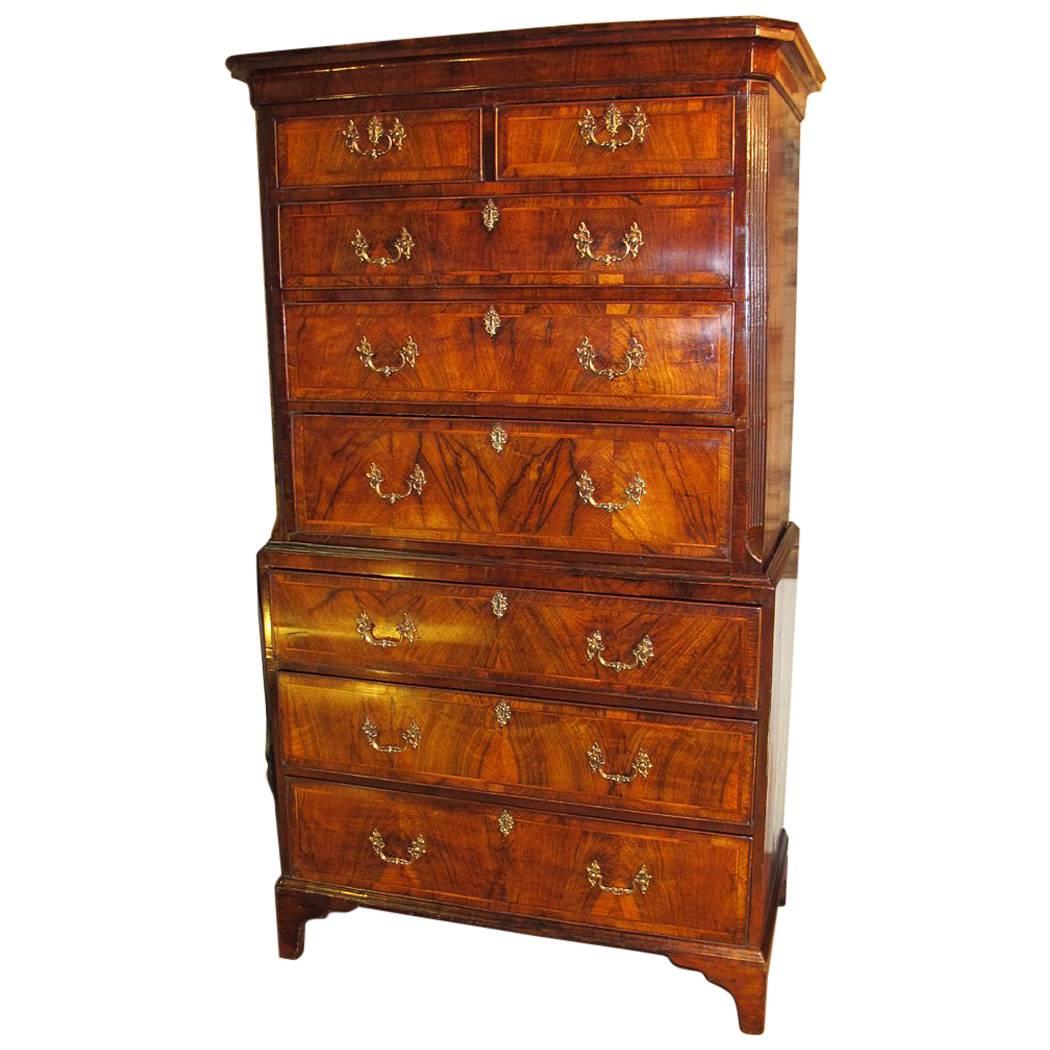 George II Period Figured Walnut Chest on Chest, circa 1760 For Sale