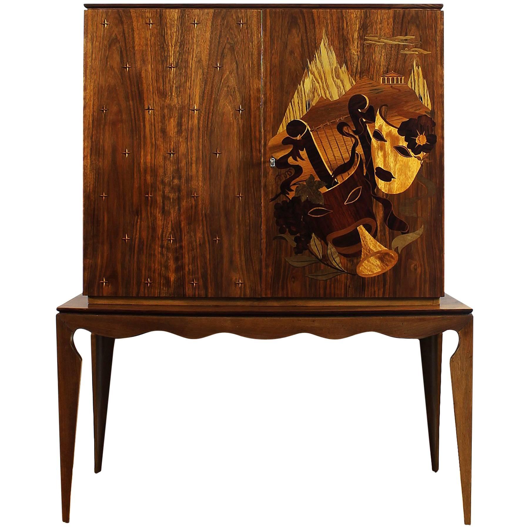 1940´s Small Two Blocks Dry Bar, walnut, allegorical scene marquetry - Italy