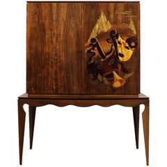 Vintage 1940´s Small Two Blocks Dry Bar, walnut, allegorical scene marquetry - Italy