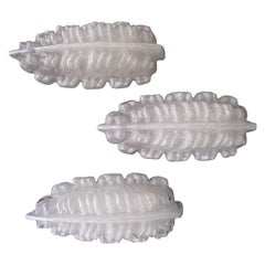 Vintage 1960 This Three Murano Wall Lights White Satined Glass in Leaf Shape