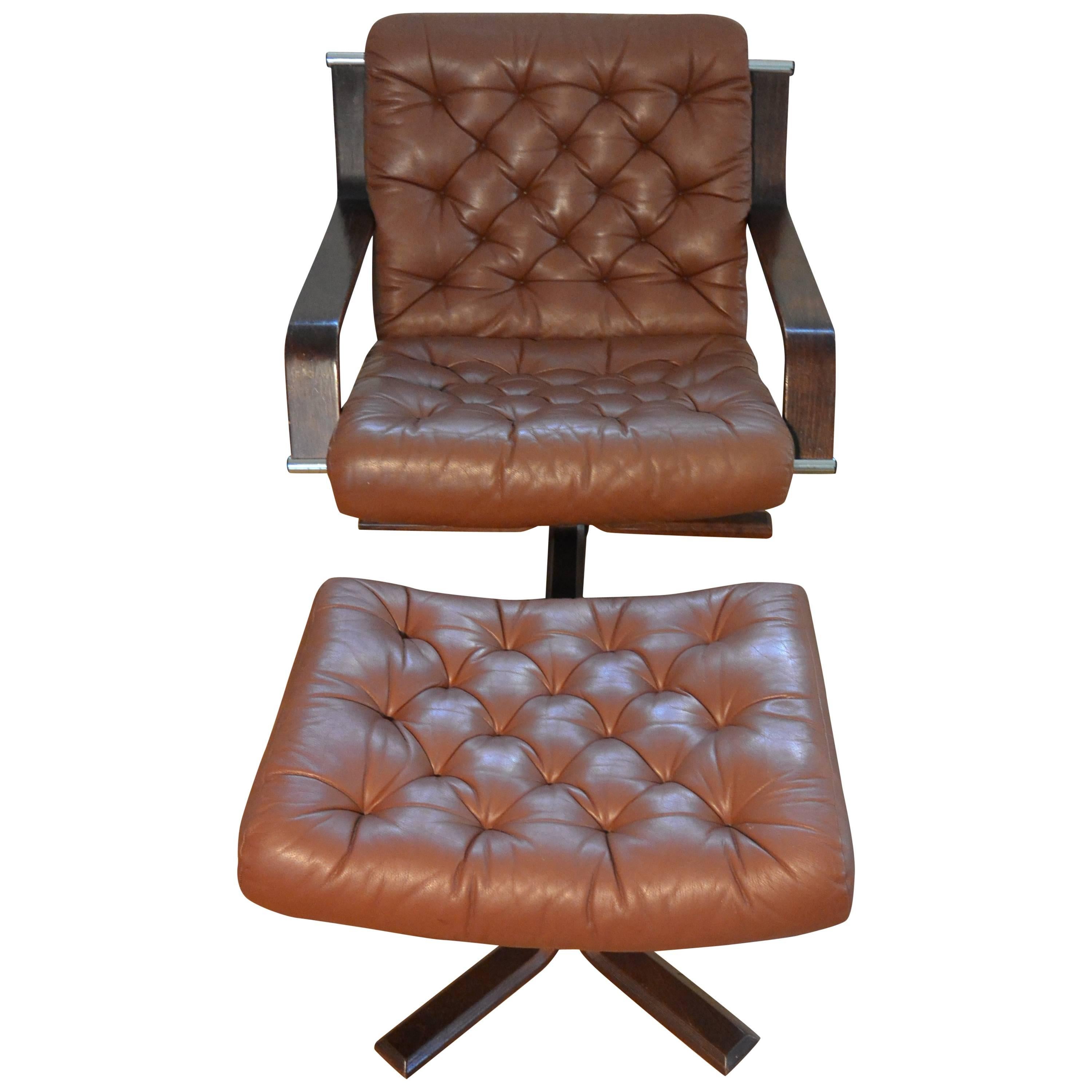 Rare Cognac Leather Norwegian Woodman Swivel Chair by Sigurd Ressell For Sale