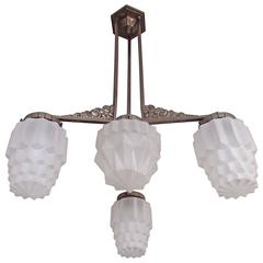 Art Deco Chandelier Geometric & Floral Nickel Holder and Geometric Satined Glass 3