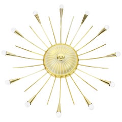 Huge Sunburst Brass & Glass Chandelier, Stilnovo Style, 1950s