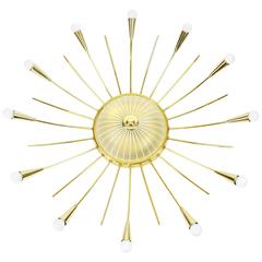 Huge Sunburst Brass & Glass Chandelier, Stilnovo Style, 1950s 5