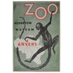 Retro Zoo Antwerp Affiche with Monkey by R.Landois , 1954, Belgium