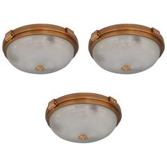 Three Fine French 1940s Gilded Brass Flush Mounts with Fluted Glass Shades