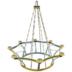 Swedish Painted Blue Wrought Iron Midsummer's Eve Festival Chandelier