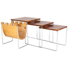 1950s Vintage Dutch Rosewood and Leather Nesting Table in Manner of Pastoe