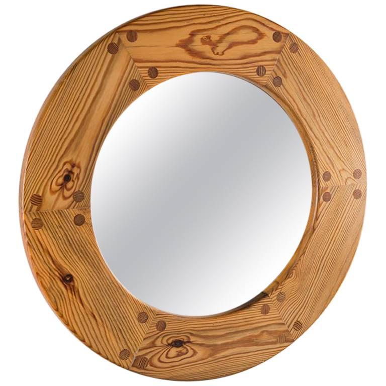 Swedish Mid-Century Round Mirror in Pine