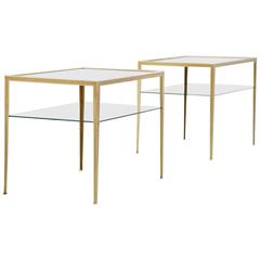 Brass Bed Tables with Mirrored Tops, Italy, 1950
