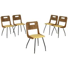 Five Chairs Oakwood Cloth Foam Leatherette Metal Vintage, Italy, 1950s-1960s